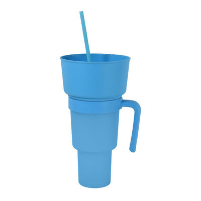 Customized Logo Acceptable Wide Mouth 1L Plastic Snack Cup with Snack Tray and Straw