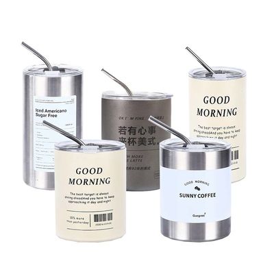 Item Custom Logo 320ml/600ml Double Wall Stainless Steel Thin Straight Insulated Coffee Drink Cups With Lid And Straw