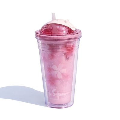 Direct Drinking Pink Sakura Cups Insulated Double Wall Plastic Water Tea Cup With Straw