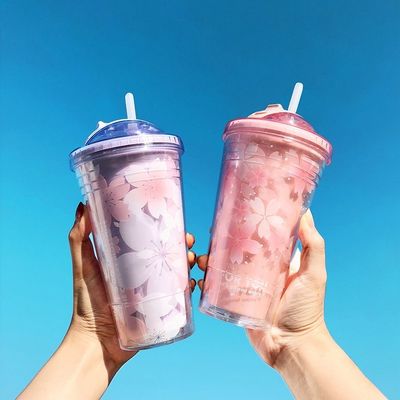 Direct Drinking Pink Sakura Cups Insulated Double Wall Plastic Water Tea Cup With Straw