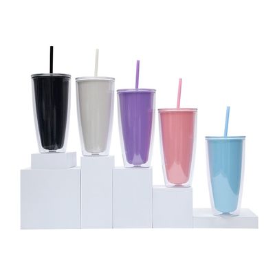 Straight 24oz Double Wall Plastic Coffee Tumbler with Multiple Color Options and Straw