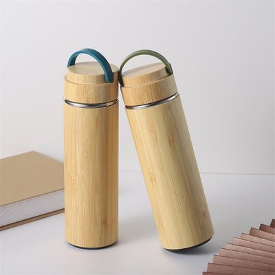 500ml Eco-friendly Bamboo Shell Stainless Steel Tea Bottle with Handle Easy to Carry