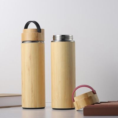 500ml Eco-friendly Bamboo Shell Stainless Steel Tea Bottle with Handle Easy to Carry