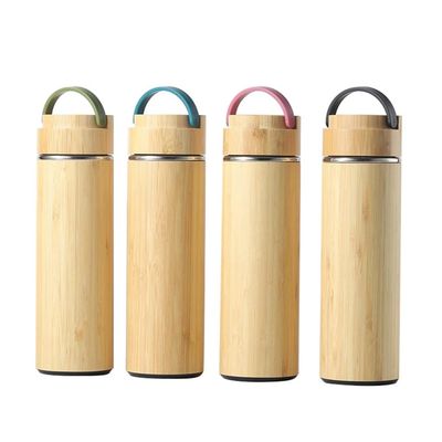 500ml Eco-friendly Bamboo Shell Stainless Steel Tea Bottle with Handle Easy to Carry