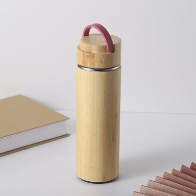 500ml Eco-friendly Bamboo Shell Stainless Steel Tea Bottle with Handle Easy to Carry
