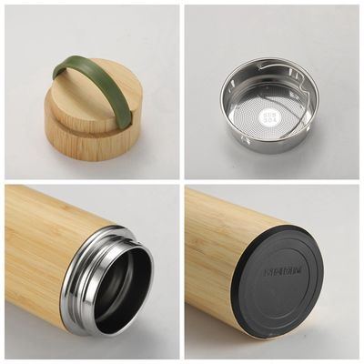 500ml Eco-friendly Bamboo Shell Stainless Steel Tea Bottle with Handle Easy to Carry