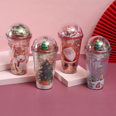 Plastic Christmas Cups 500ml Glitter Double Wall Drinking Tumbler with Lids and Straws