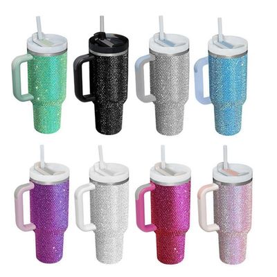 40oz Diamond-encrusted Stainless Steel Vacuum Water Bottle with Straw and Handle Easy