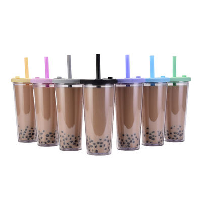 24oz 700ml Tumbler Bubble Tea Cups Double Wall Plastic Boba Bubble Reusable Mugs With Lid