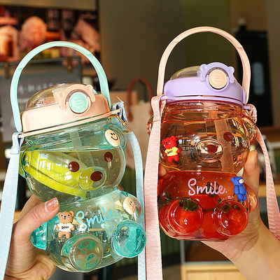 Gym Summer Kids Portable Cute Bear Shape Water Bottle with Straw 1000ml Large Capacity