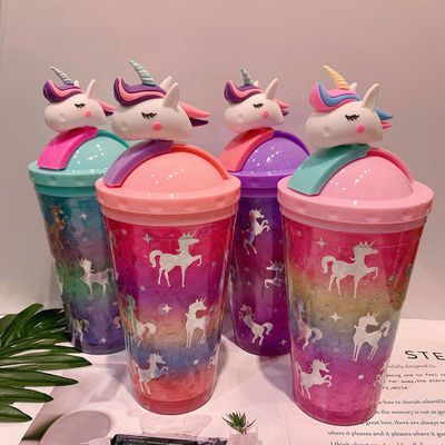 Adults 430ML Cute Flying Unicorn Iced Plastic Water Bottle Cup with Straw and Unicorn Lid