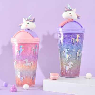 430ml Double Wall Plastic Cold Drink Ice Cream Cup with Straw Adorable Unicorn Design