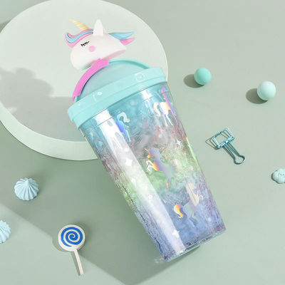 430ml Double Wall Plastic Cold Drink Ice Cream Cup with Straw Adorable Unicorn Design