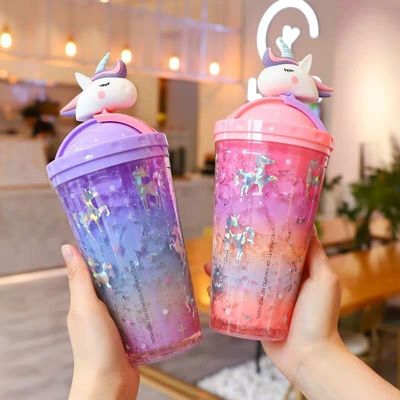 430ml Double Wall Plastic Cold Drink Ice Cream Cup with Straw Adorable Unicorn Design