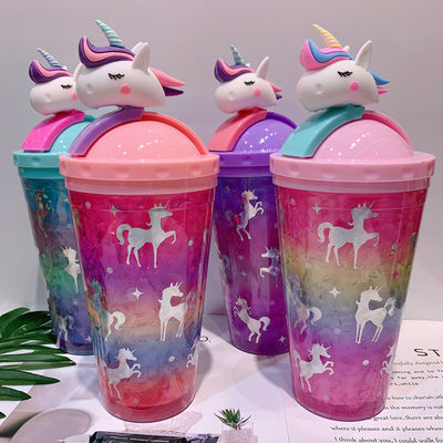 430ml Double Wall Plastic Cold Drink Ice Cream Cup with Straw Adorable Unicorn Design
