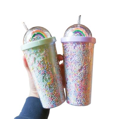 Direct Drinking Double Wall Dome Acrylic Milk Tea Cup With Sequins Color Customized