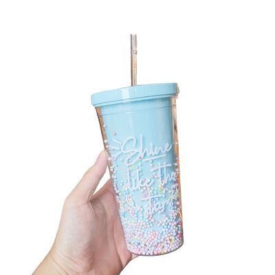 Direct Drinking Double Wall Dome Acrylic Milk Tea Cup With Sequins Color Customized