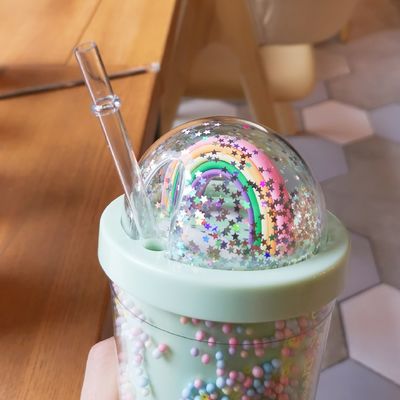 Direct Drinking Double Wall Dome Acrylic Milk Tea Cup With Sequins Color Customized