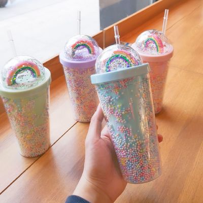 Direct Drinking Double Wall Dome Acrylic Milk Tea Cup With Sequins Color Customized