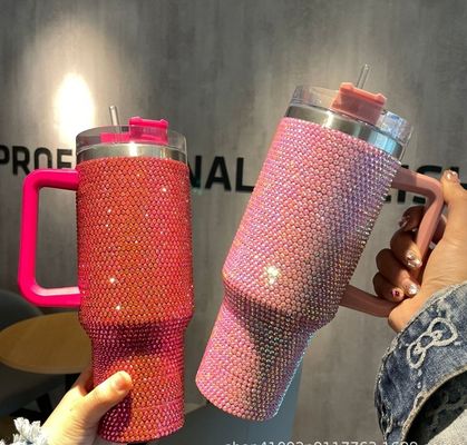 40oz Diamond-encrusted Stainless Steel Water Bottle Vacuum Cup with Straw and Handle