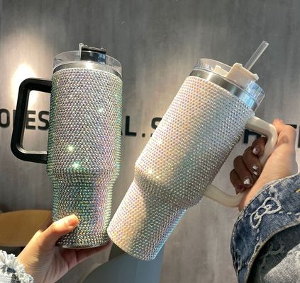 40oz Diamond-encrusted Stainless Steel Water Bottle Vacuum Cup with Straw and Handle
