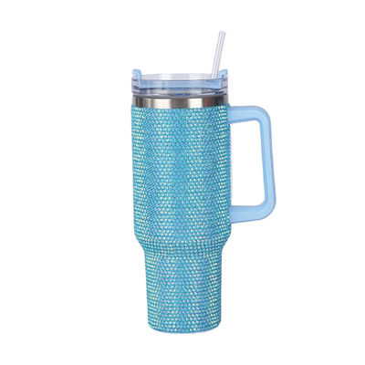 40oz Diamond-encrusted Stainless Steel Water Bottle Vacuum Cup with Straw and Handle