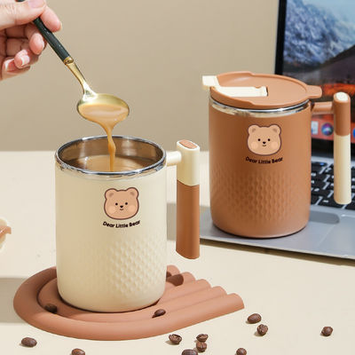 304 Stainless Steel Breakfast Cup 450ml Coffee Mug with Double Layer and Sealed Lid