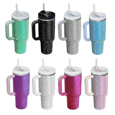 40oz Rhinestone Studded Tumbler Cup with Handle and Straw Double Walled Construction