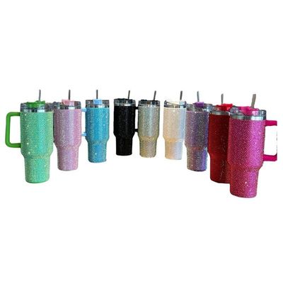 40oz Rhinestone Studded Tumbler Cup with Handle and Straw Double Walled Construction