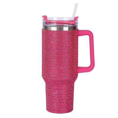40oz Rhinestone Studded Tumbler Cup with Handle and Straw Double Walled Construction