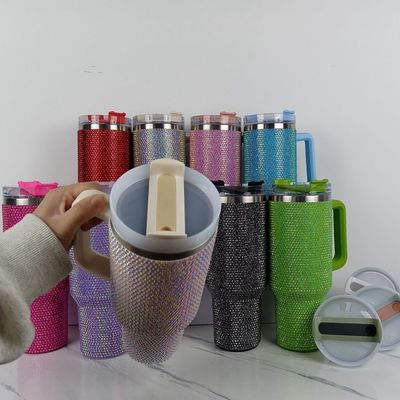 40oz Rhinestone Studded Tumbler Cup with Handle and Straw Double Walled Construction