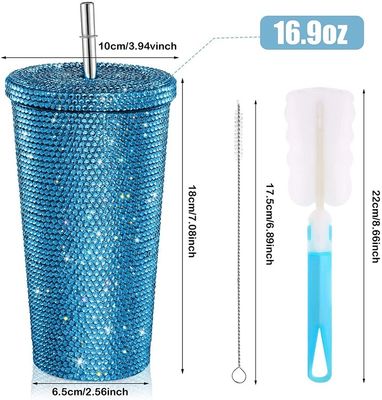 500ML Double Wall Insulated Diamond Rhinestones Tumbler with Accessories With Straw