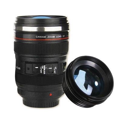 Stainless Steel Coffee Mug in Camera Lens Shape for Sustainable and Lightweight
