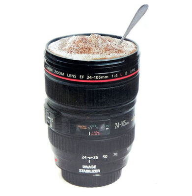 Stainless Steel Coffee Mug in Camera Lens Shape for Sustainable and Lightweight