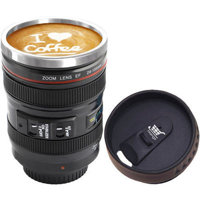 Stainless Steel Coffee Mug in Camera Lens Shape for Sustainable and Lightweight