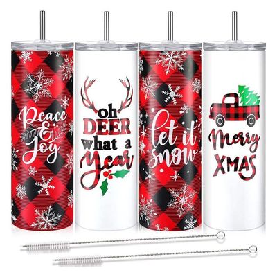 Christmas 20oz Skinny Beer Tumbler Insulated Stainless Steel Tumbler Cups With Straw